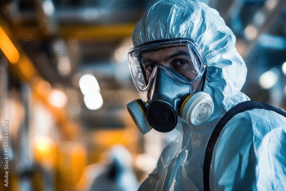 Worker in hazmat suit, respirator, goggles. Illustrates industrial safety, hazard protection.