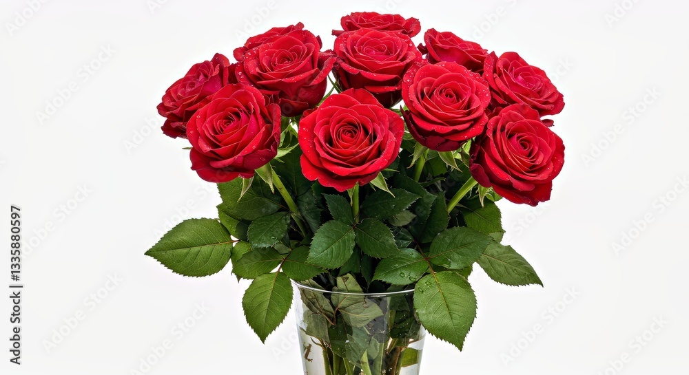 A Vibrant Bouquet of Red Roses With Lush Green Leaves A Vibrant Bouquet of Red Roses With Lush Green Leaves