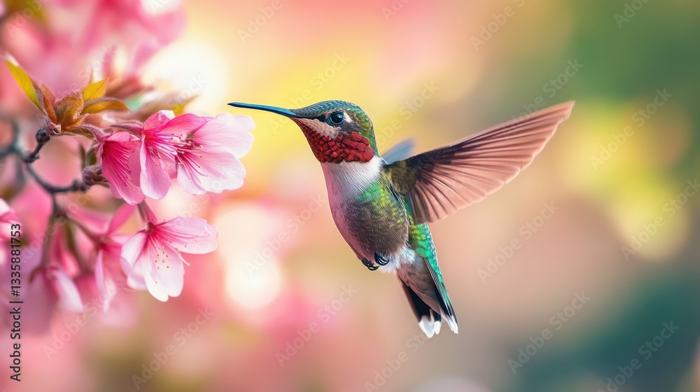 Fototapeta premium Hummingbird in flight near cherry blossoms