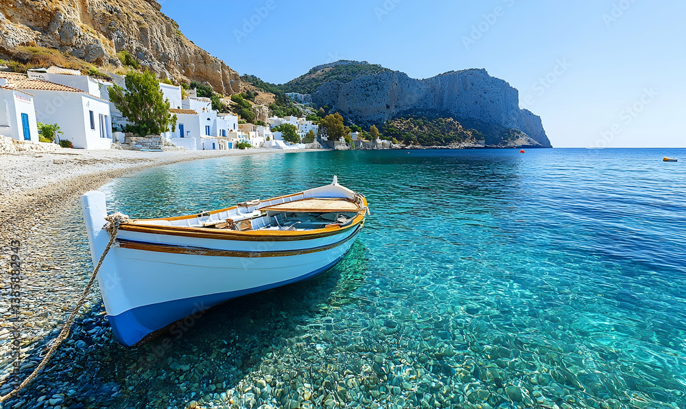 Obraz premium A small boat rests in crystal-clear turquoise water, near a picturesque whitewashed village nestled against a dramatic cliffside