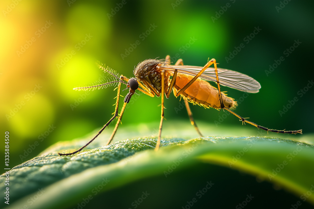 Fototapeta premium A mosquito perched on a leaf, this species often bites humans and animals