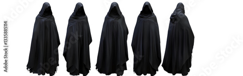 Set of black hooded cloaks with faces covered, full-body view, character design sheet, isolated on a transparent background png 