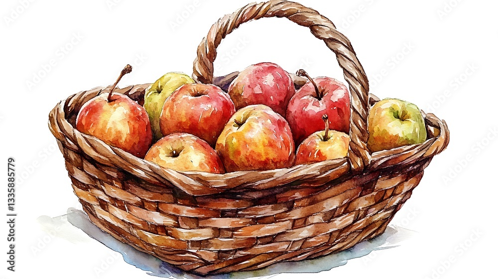 Watercolor Painting of Apples in a Rustic Basket Watercolor Painting of Apples in a Rustic Basket
