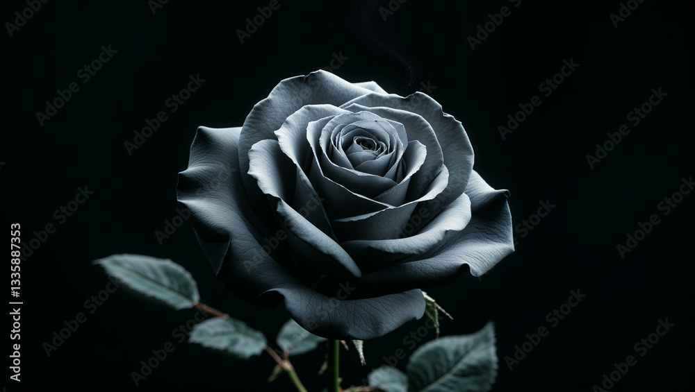 Fototapeta premium A single steel-grey rose partially hidden in darkness, with gentle highlights tracing its petal edges. The deep black background enhances its mysterious and moody aesthetic.