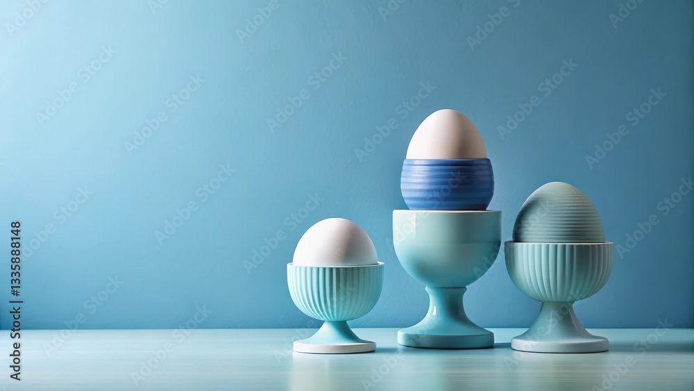 Serene Still Life Featuring Eggs in Pastel-Colored Holders Against a Soft Blue Background Serene Still Life Featuring Eggs in Pastel-Colored Holders Against a Soft Blue Background