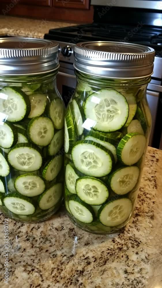 Freshly sliced cucumbers in jars ready for pickling in a cozy kitchen setting
