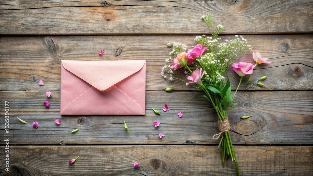 A delicate pink envelope rests beside a charming bouquet of pink flowers on a rustic wooden surface, creating a scene of thoughtful elegance and heartfelt sentiment. A delicate pink envelope rests beside a charming bouquet of pink flowers on a rustic wooden surface, creating a scene of thoughtful elegance and heartfelt sentiment.