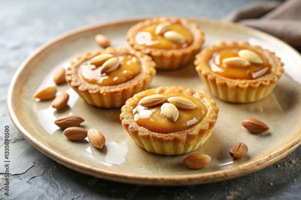 A plate of delectable mini tarts, featuring a luscious caramel filling and adorned with crunchy almond slivers, creating a delightful sweet treat A plate of delectable mini tarts, featuring a luscious caramel filling and adorned with crunchy almond slivers, creating a delightful sweet treat