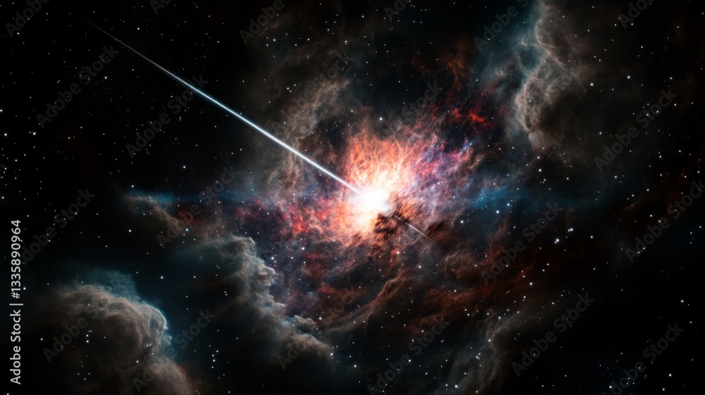 Obraz premium Distant blazar radiating intense light, surrounded by cosmic dust, a mysterious early universe phenomenon. 
