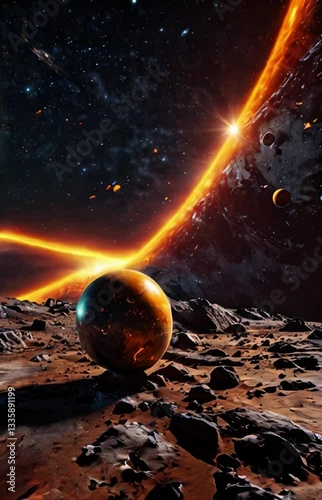 Unexplainable and indescribable space event horizon. Planet, natural satellite, fire, stars, light, curvature in spacetime fabric curve gravity space science cosmology 