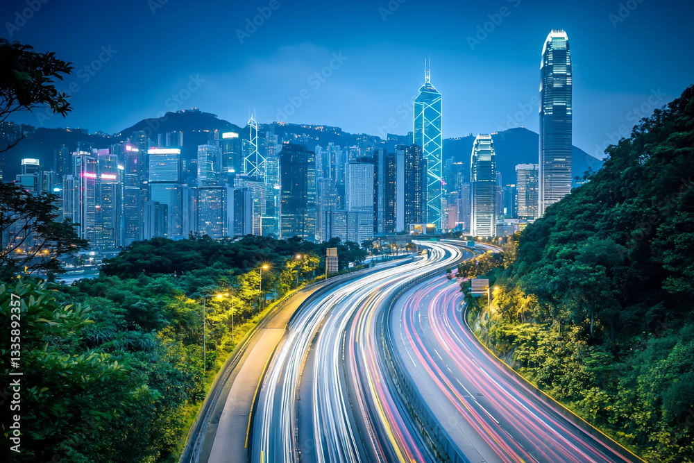 Fototapeta premium A city skyline at night with the lights of cars and trucks on an overpass