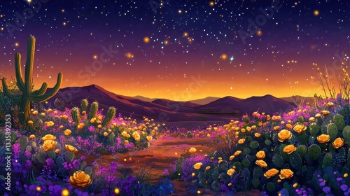 Desert Bloom Under a Starry Night: Vibrant Cactus Flowers and a Majestic Mountain Landscape photo