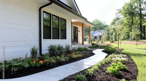 Modern suburban home with manicured garden and curved pathway