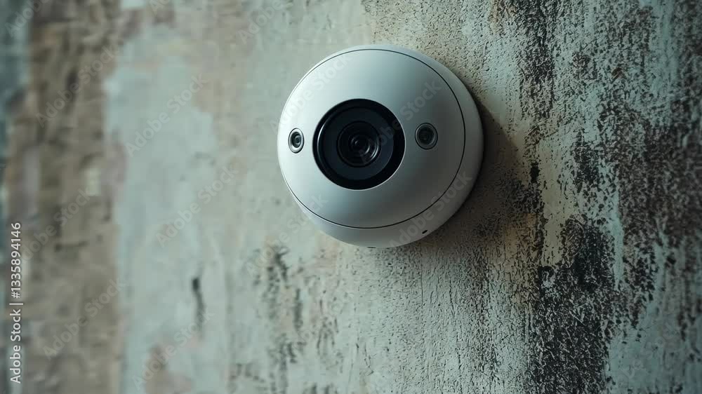 Security camera mounted on a textured wall for monitoring purposes