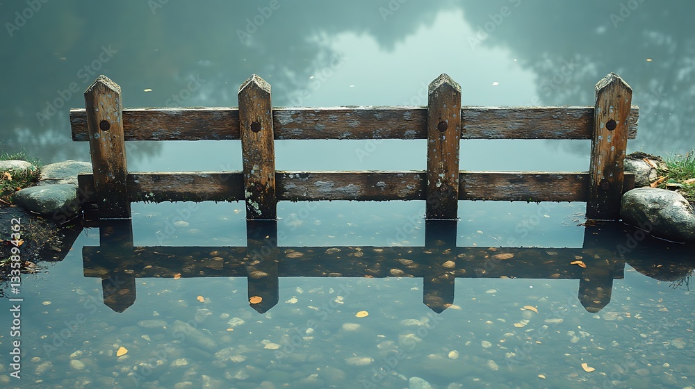 Obraz premium Wooden Fence Submerged in Still Misty Lake Water