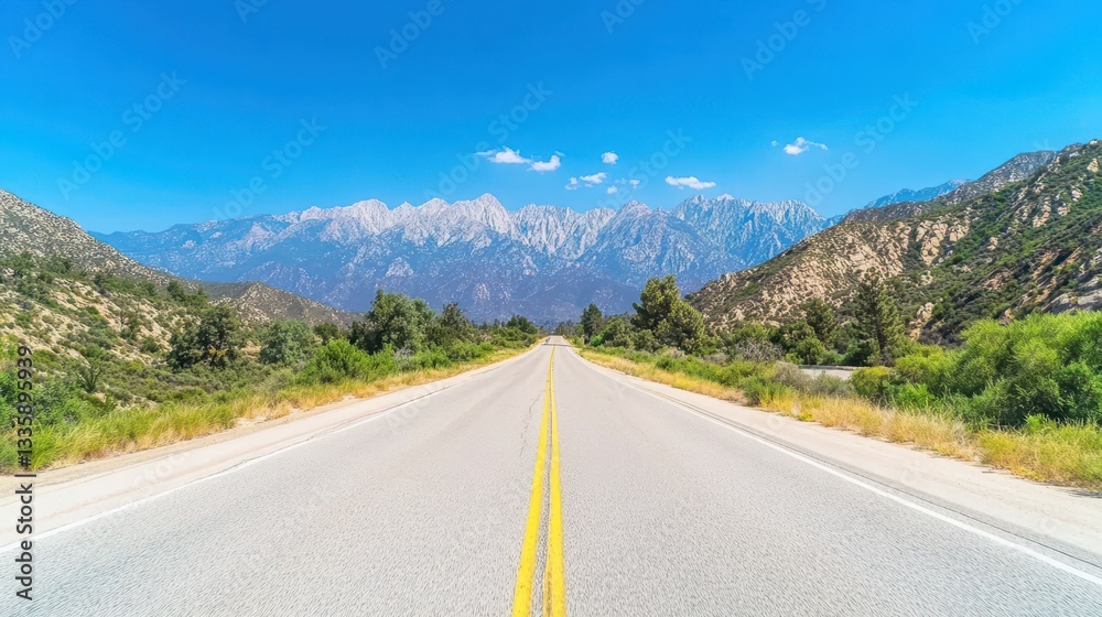 Naklejka premium Endless Highway to the Mountains: A long, straight highway stretches towards majestic mountain range under a bright blue sky. Capture the sense of adventure and vastness of the open road