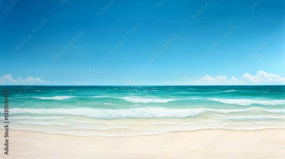 Fototapeta premium Tropical beach scene, soft waves, bright sky
