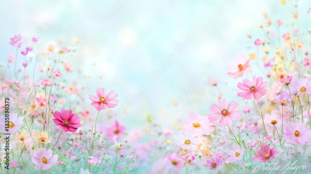 Blooming Cosmos: An ethereal scene of delicate cosmos flowers in full bloom, their petals a soft symphony of pink and white against a dreamy, pastel backdrop. Blooming Cosmos: An ethereal scene of delicate cosmos flowers in full bloom, their petals a soft symphony of pink and white against a dreamy, pastel backdrop.