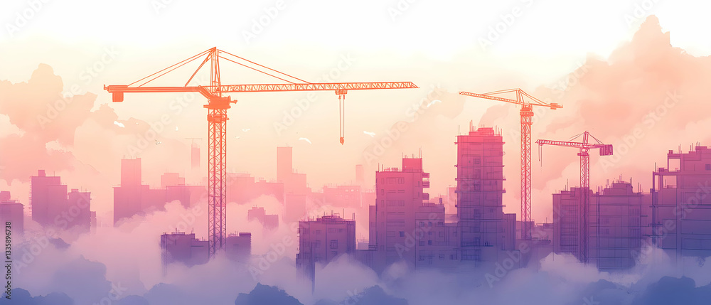 Fototapeta premium Cityscape construction sunrise fog