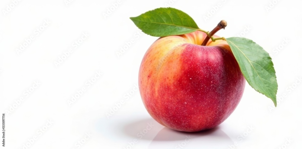 Ripe juicy peach with leaf isolated on white background, white background, peach Ripe juicy peach with leaf isolated on white background, white background, peach