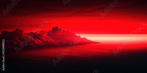 Red Ocean Horizon with Low Clouds and Bright Light