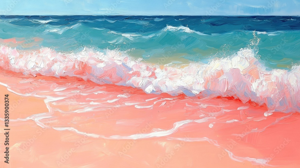 Fototapeta premium Pink sand beach waves under a blue sky. Possible stock photo use