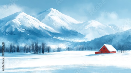 Red barn winter landscape, snowy mountains background, idyllic scene, postcard