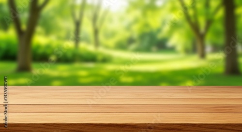 Wooden tabletop in the foreground is featured against a blurred green forest background with a sunlight flare, creating a natural warm setting