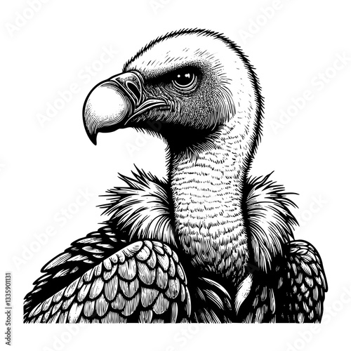 Vulture sketch engraving black and white outline. Scratch board imitation.  illustrated in vintage line art style on a white background.