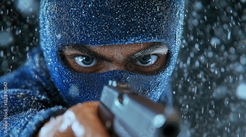 Mysterious figure holding a gun in the rain with intense atmosphere photo