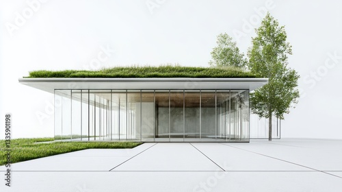 Modern glass pavilion with green roof, serene setting photo