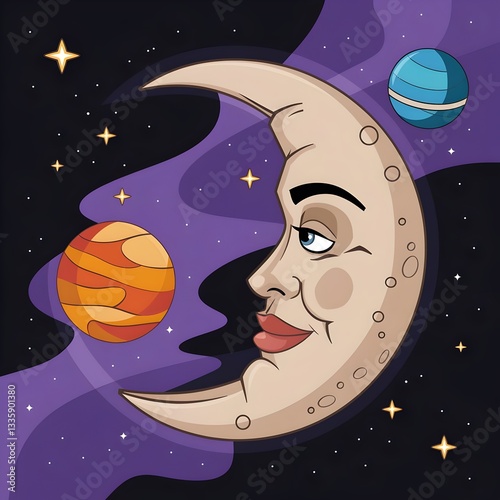 Cartoon moon character amongst planets and stars.