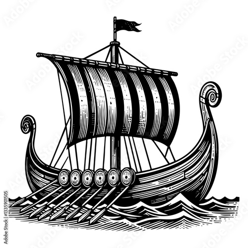 viking ship engraving sketch engraving black and white outline. Scratch board imitation.  illustrated in vintage line art style on a white background.