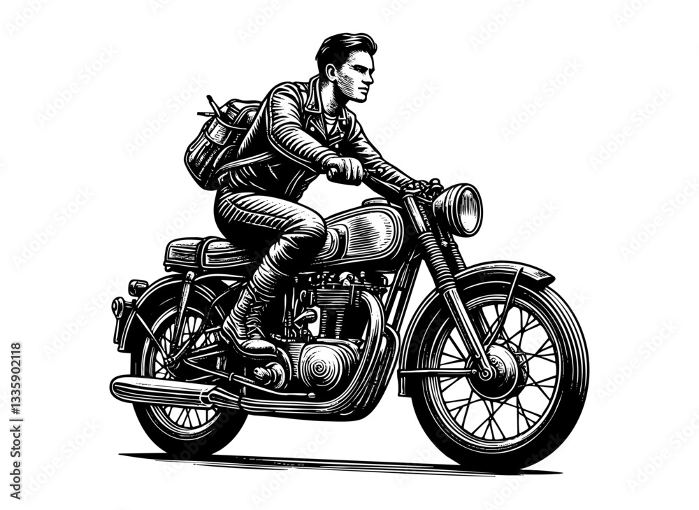 Man riding motorbike sketch engraving black and white outline. Scratch board imitation. illustrated in vintage line art style on a white background. Man riding motorbike sketch engraving black and white outline. Scratch board imitation. illustrated in vintage line art style on a white background.