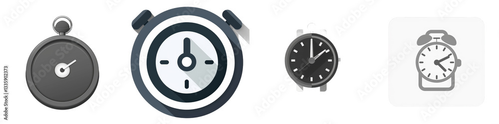 Four grey timekeeping devices on black, minimal background isolated on white or transparent Four grey timekeeping devices on black, minimal background isolated on white or transparent