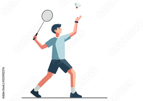 A young man throws a shuttlecock to start a game of badminton.