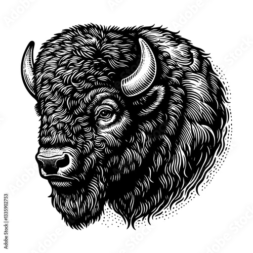 Bison portrait sketch engraving black and white outline. Scratch board imitation.  illustrated in vintage line art style on a white background.
