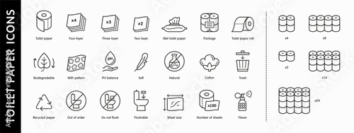 Toilet paper roll line icons set isolated on white background. Black flat pictogram of package feather, cotton, dispenser, tissue, napkin, trash can. Vector illustration