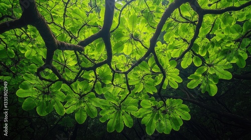 Lush green canopy, sunlight filtering through leaves, forest background, nature photography