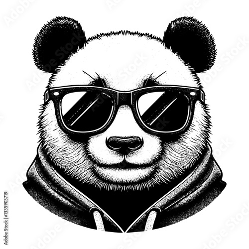 Panda wear sunglasses engraving black and white outline. Scratch board imitation.  illustrated in vintage line art style on a white background.
