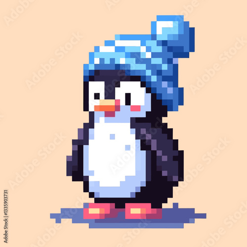 Illustration of cute penguins in the Arctic in a pixel cartoon kawaii vector style on a transparent isolated clipart background, perfect for design and creative projects.