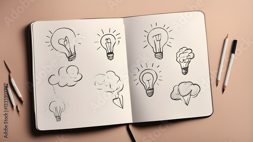 Open sketchbook hand-drawn lightbulb cloud sketches, pencils nearby, illustrating creative ideas.