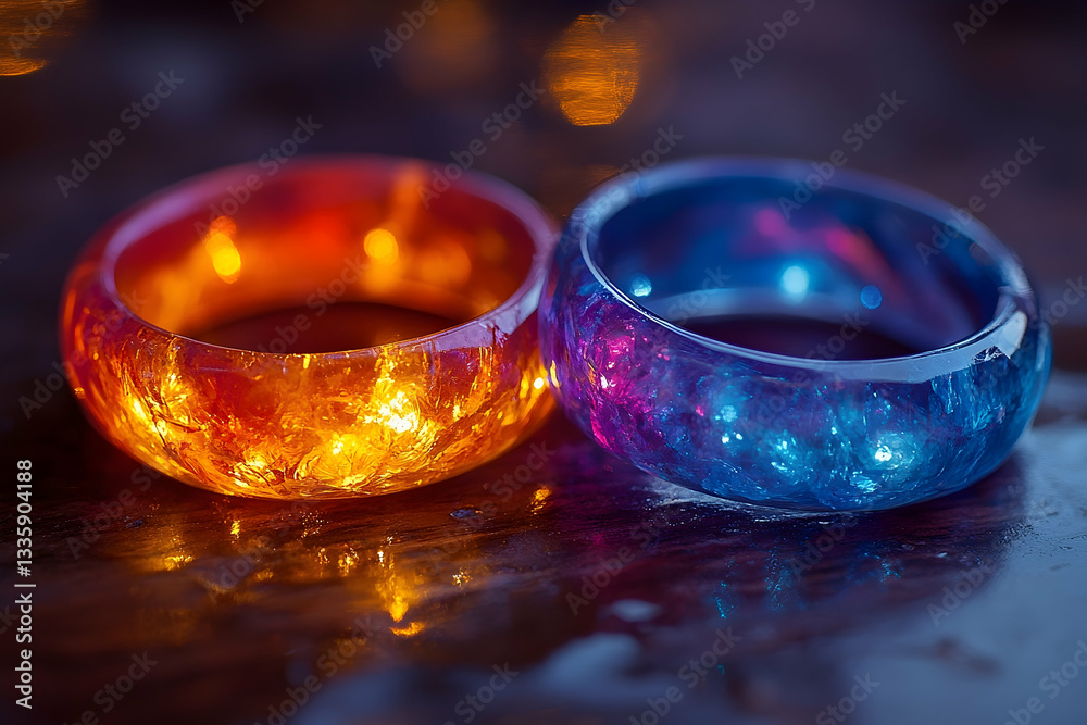 Two resin rings, one orange and one blue, with sparkly inclusions, rest on a dark wooden surface. Close-up shot Two resin rings, one orange and one blue, with sparkly inclusions, rest on a dark wooden surface. Close-up shot
