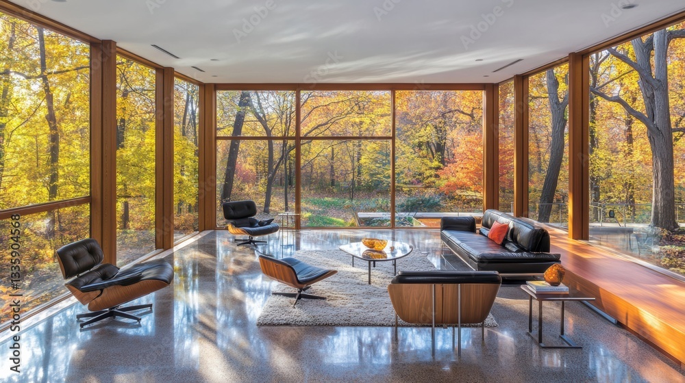 Fototapeta premium Modern Room with Floor-to-Ceiling Windows and Furniture
