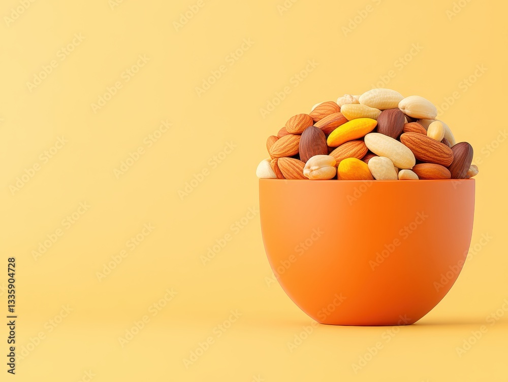 A vibrant bowl filled with assorted nuts against a bright yellow background A vibrant bowl filled with assorted nuts against a bright yellow background