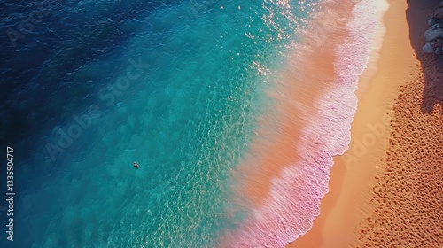Aerial view of beach waves and turquoise water.  Possible use Stock photo for travel, nature, beach vacation, or coastal tourism