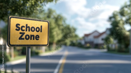 Yellow school zone sign in front of residential street photo