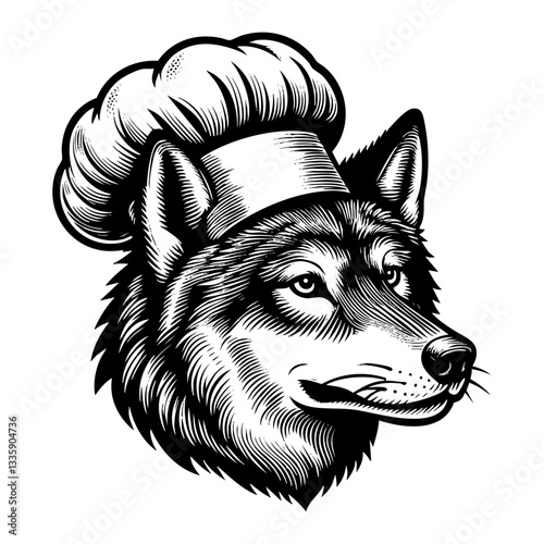 Wolf wear chef hat sickle sketch engraving black and white outline. Scratch board imitation.