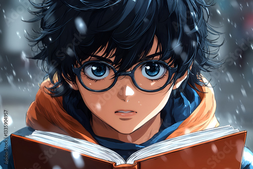 shy anime boy with glasses holds book in snowy setting