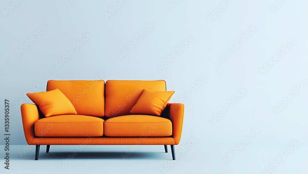 Fototapeta premium Modern Orange Sofa Against Light Blue Wall